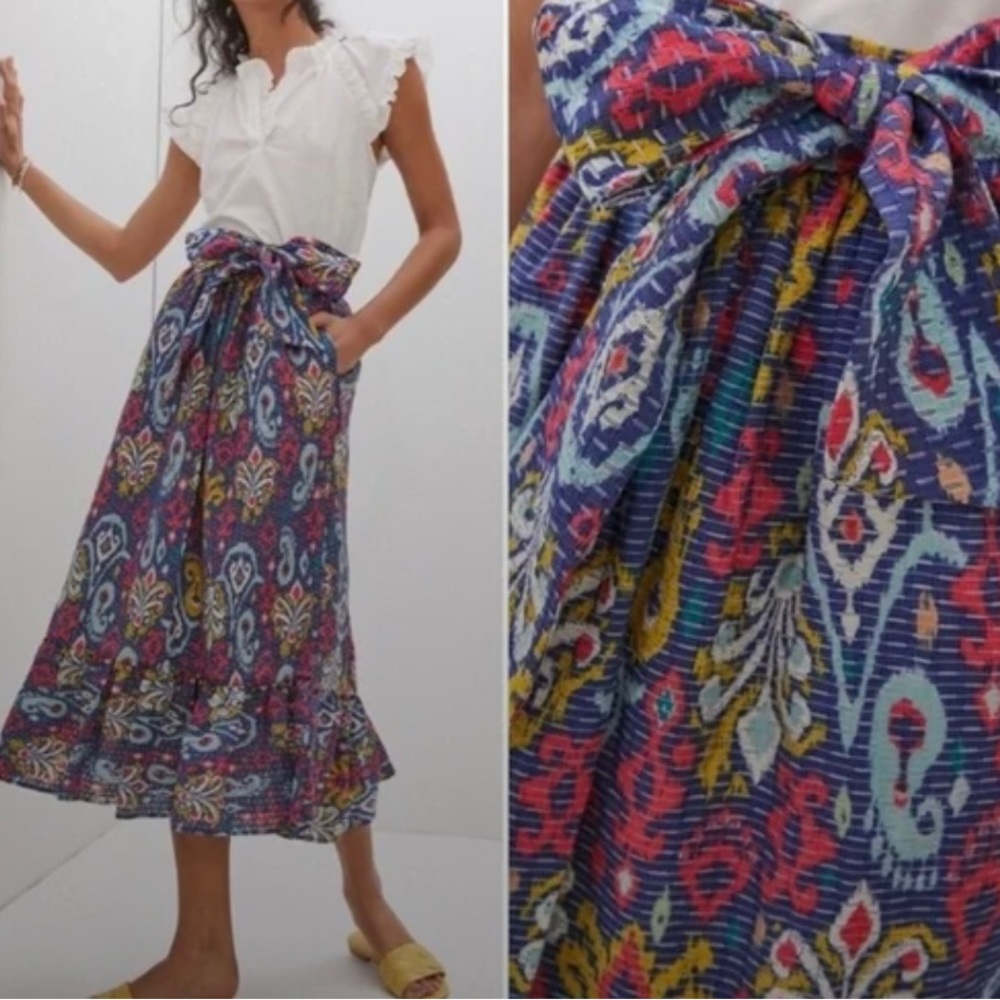 Anthropologie Edith Paisley Fleur de Lis Ruffle Midi Boho Skirt NEW